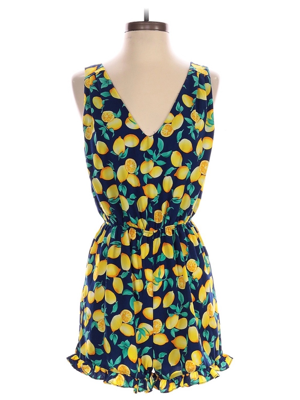 Blue Rain Navy Lemon Print Sleeveless Romper with tie open back